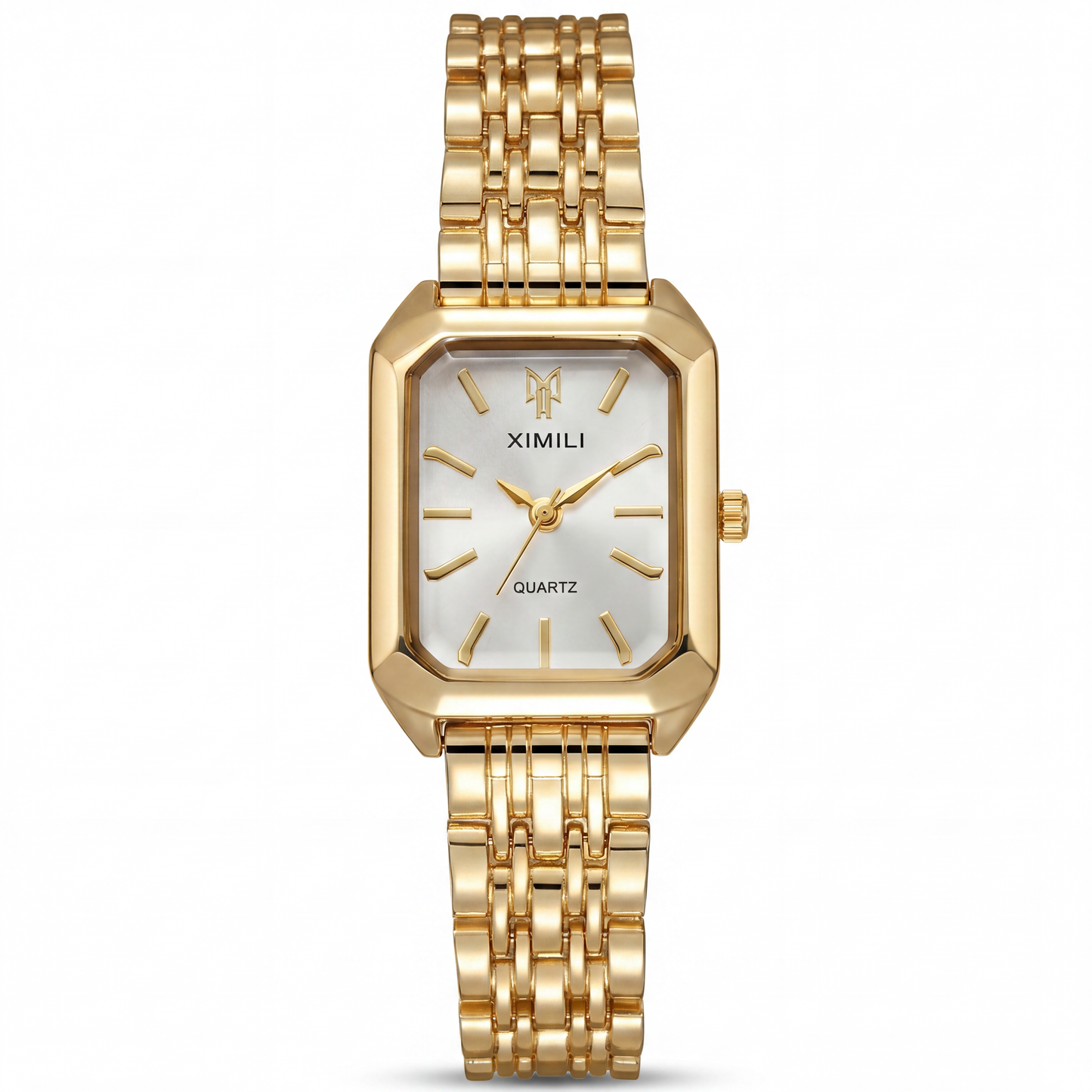 Élise Gold Watch by VELTRĀ, gold-tone rectangular watch with white dial