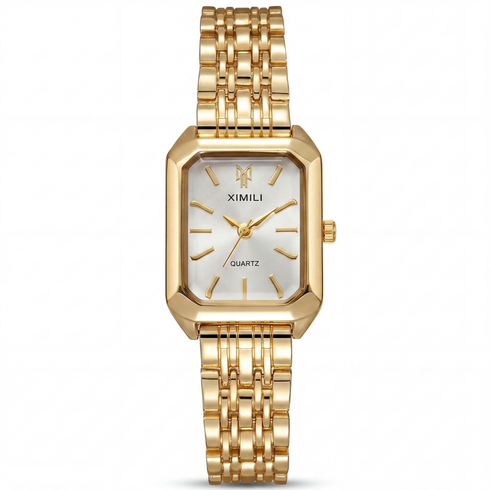 Élise Gold Watch by VELTRĀ, gold-tone rectangular watch with white dial